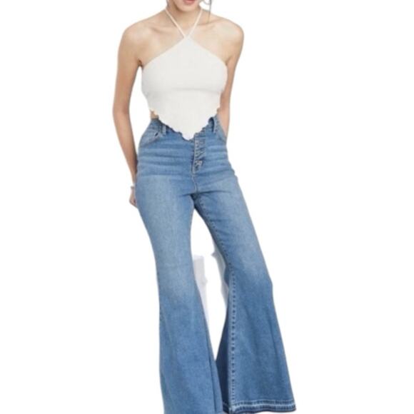 Wild Fable Extreme Flare Bottom Hippie Festival Button Fly Jean Size 8 - Picture 1 of 9
